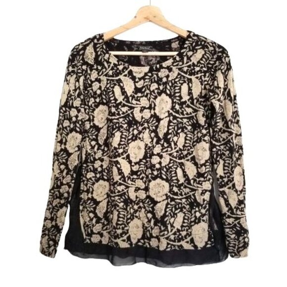 Lucky Brand Black and Tan Floral Sheer Lace Trim Long Sleeve Knit Sweater Small - Picture 1 of 7
